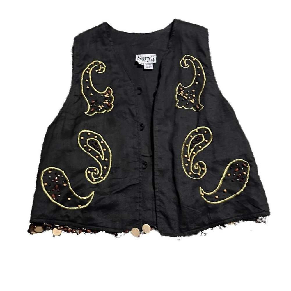 Surya Vintage 1970s Paisley Motif Black Linen Vest Size M